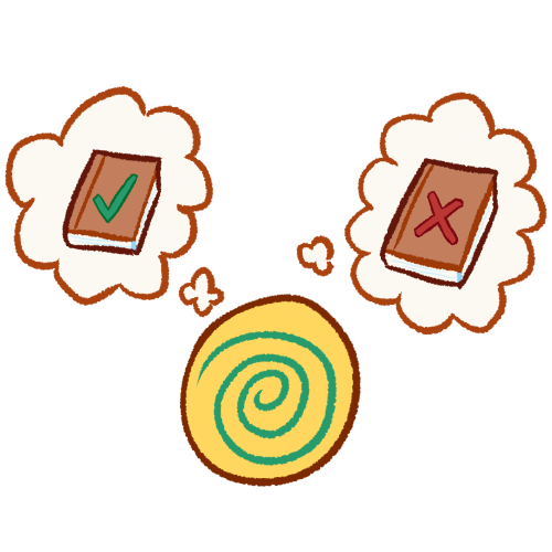 a drawing of a plain yellow head beneath two thought bubbles. one contains a book with a green checkmark on it and the other contains a book with a red X on it. there is a large green spiral on the head.